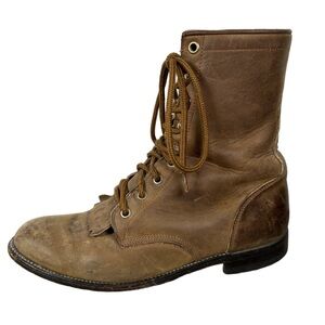 Justin Boots Tan‎ Leather distressed brown Lace-Up Boots vintage western cowboy